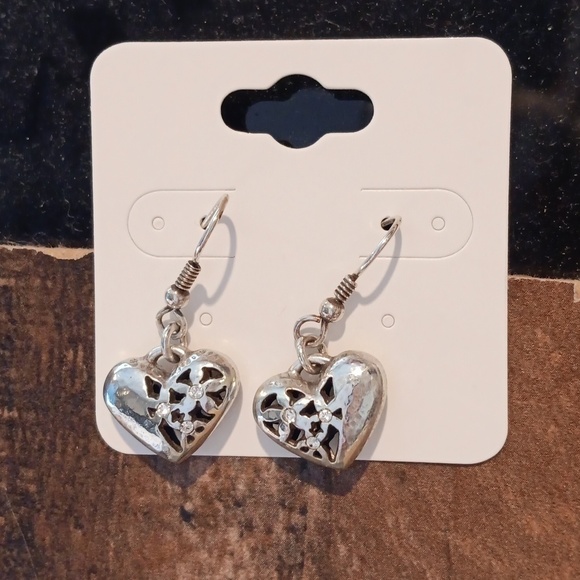 Silver Tone Heart Drop French Wire Earrings - Picture 7 of 8